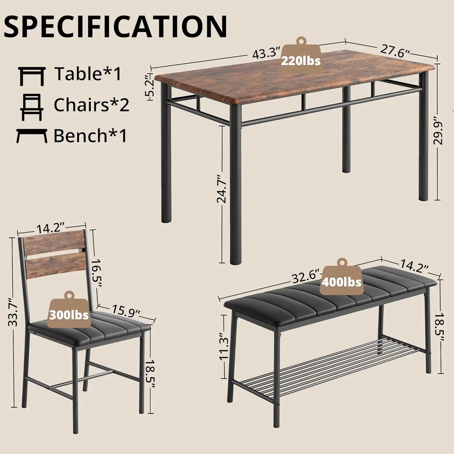 IRONCK Dining Table Set With Upholstered Bench And Two Chairs
