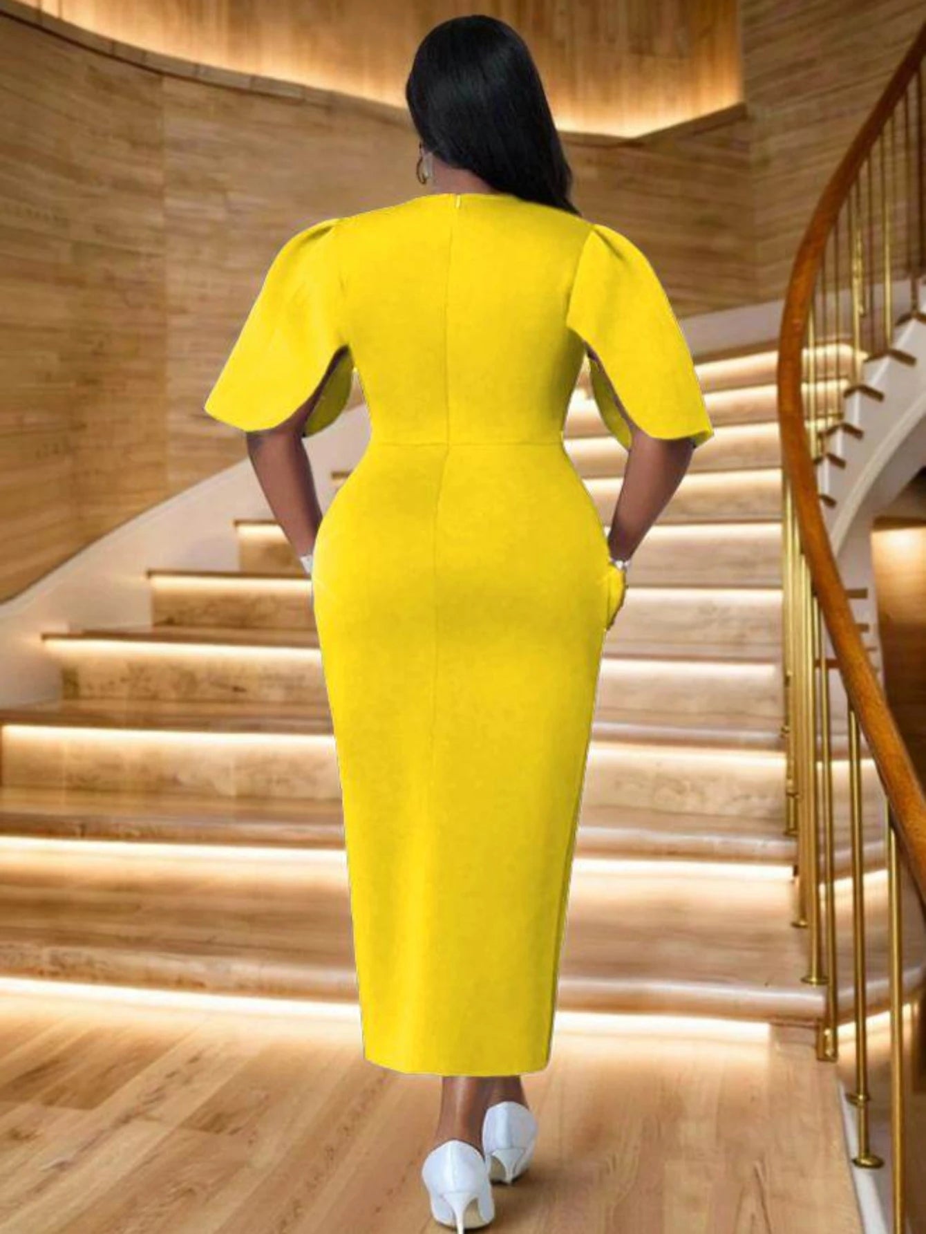 Women's Flutter Sleeve Diagonal Split Midi Bodycon Dress