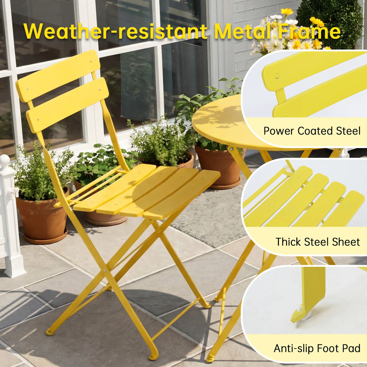 TUAREX Folding Steel Bistro Set For Outdoor Patio And Balcony