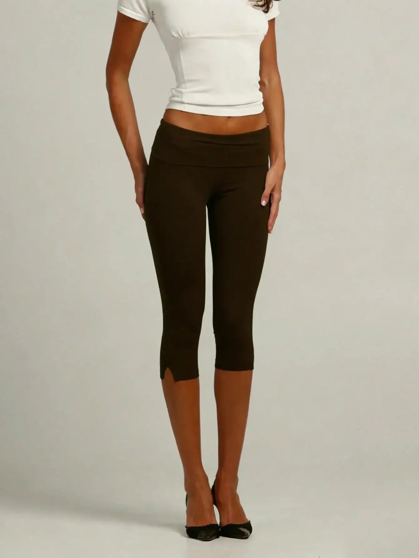 Women's Retro Low Waist Capri Leggings With Fold Over Waistband