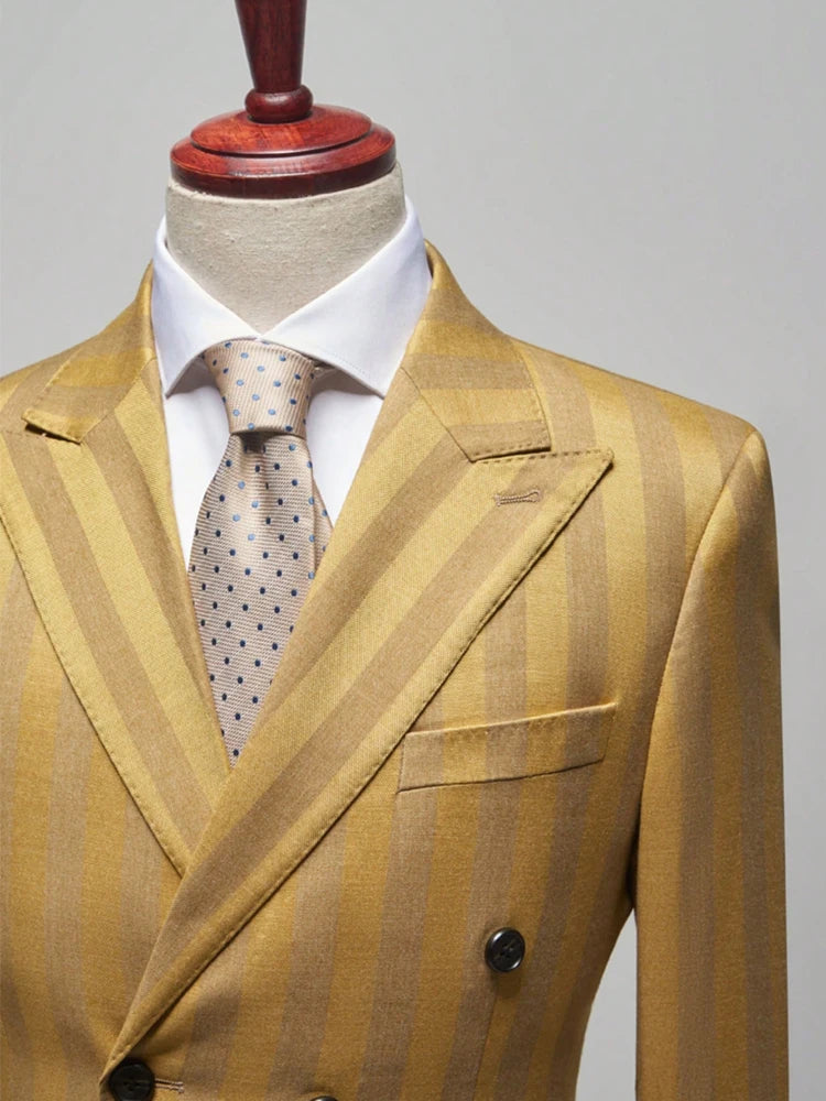 Men's Jacquard Two-Piece Suit Set Double Breasted Jacket Pants