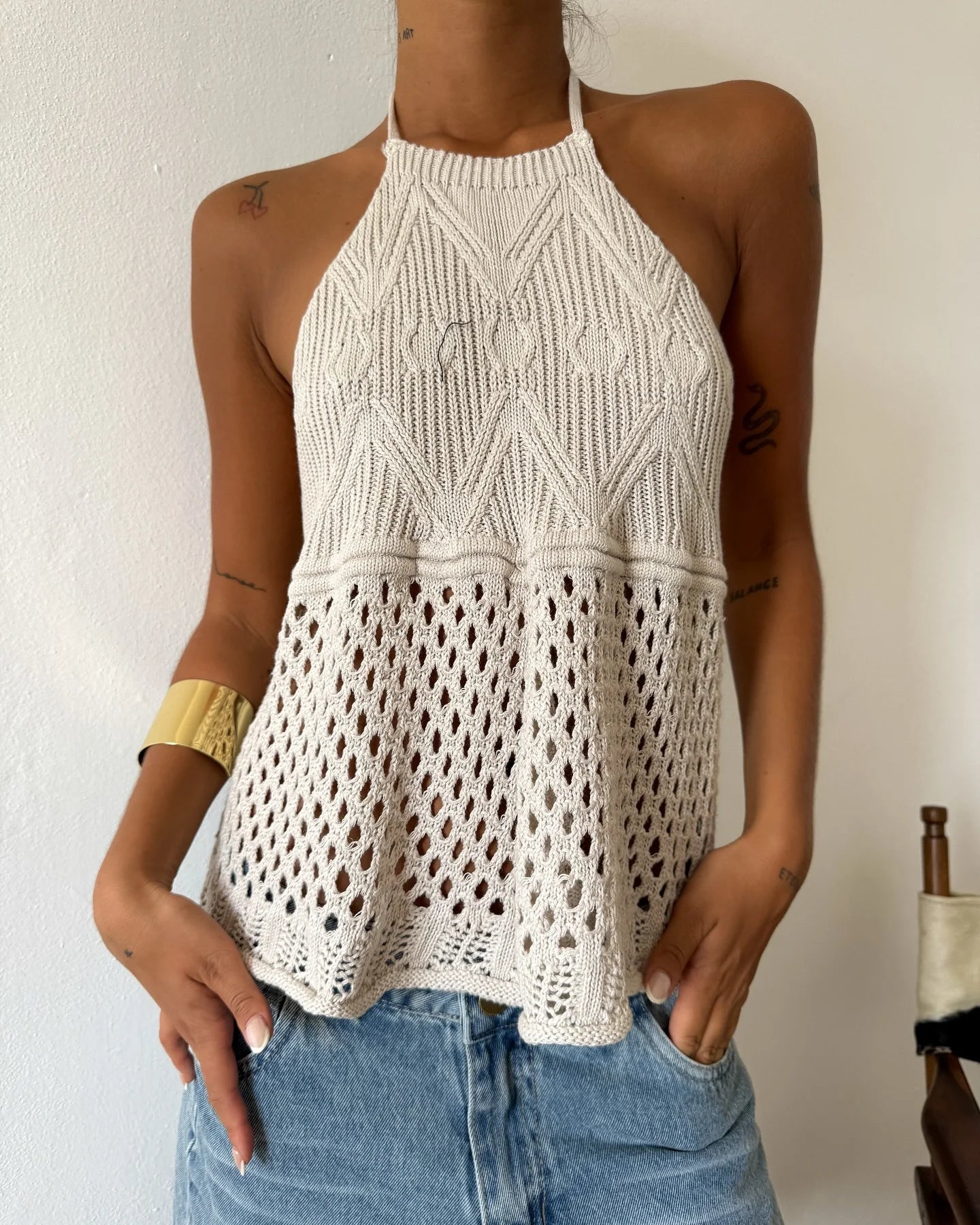 Women Bohemian Knitted Halter Top With Crochet Mesh Texture