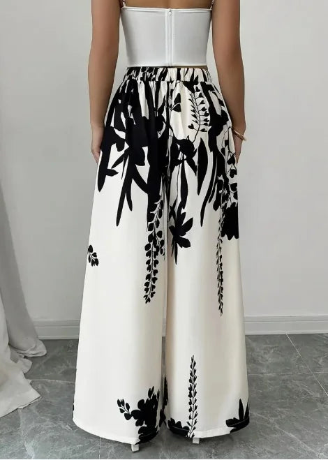 Floral Print Elastic High Waist Wide Leg Satin Palazzo Pants
