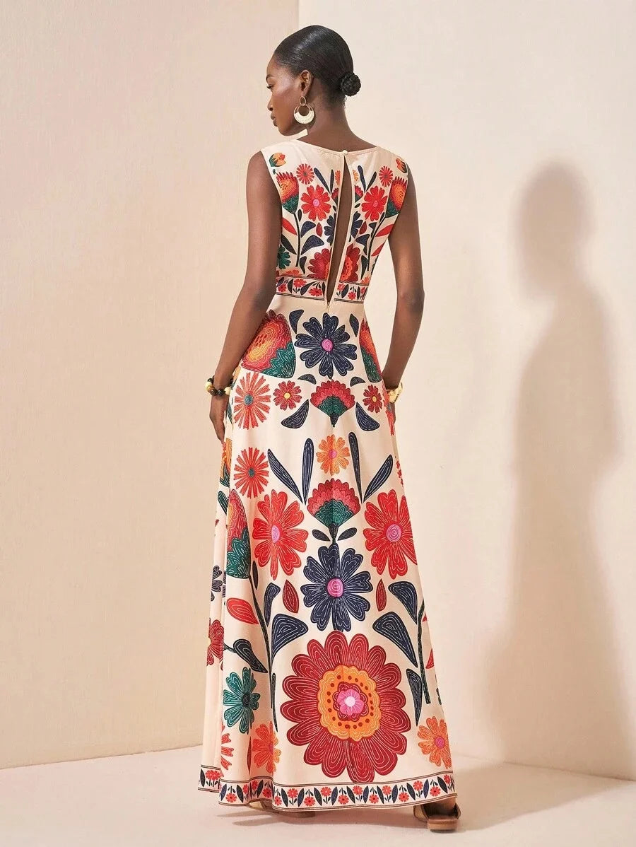 Women Floral Embroidery Sleeveless Maxi Dress For Summer Weddings