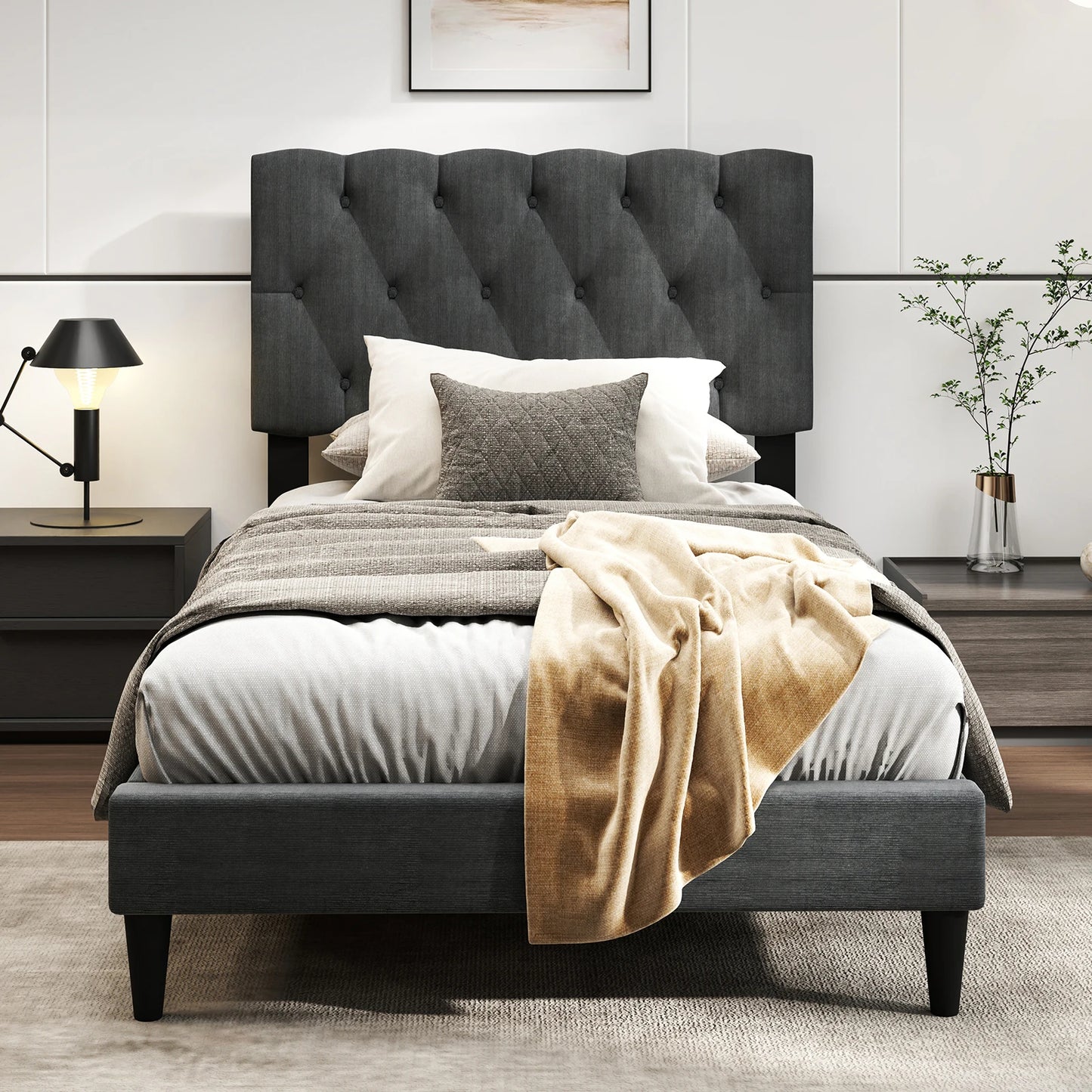 Homasis Button Tufted Headboard Bed Frame With Wooden Slats