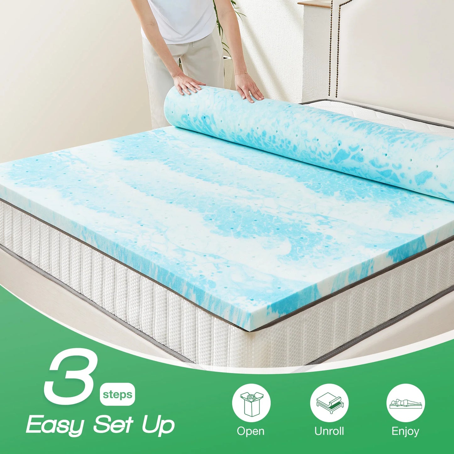 JHK Gel Cooling Memory Foam Mattress Topper Soft Breathable