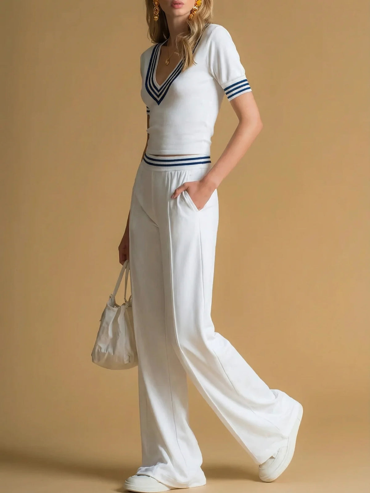 Women's V Neck Two Piece Set With Wide Leg Trousers