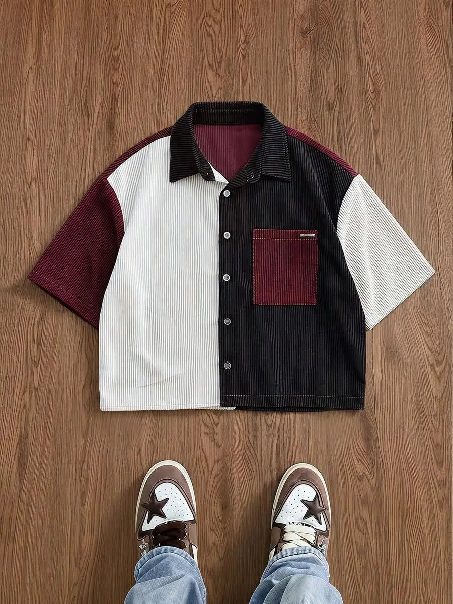 Men Patchwork Corduroy Short Sleeve Shirt Casual Daily Wear