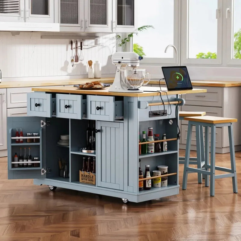 Mobile Kitchen Island With Folding Tabletop And Storage Shelves