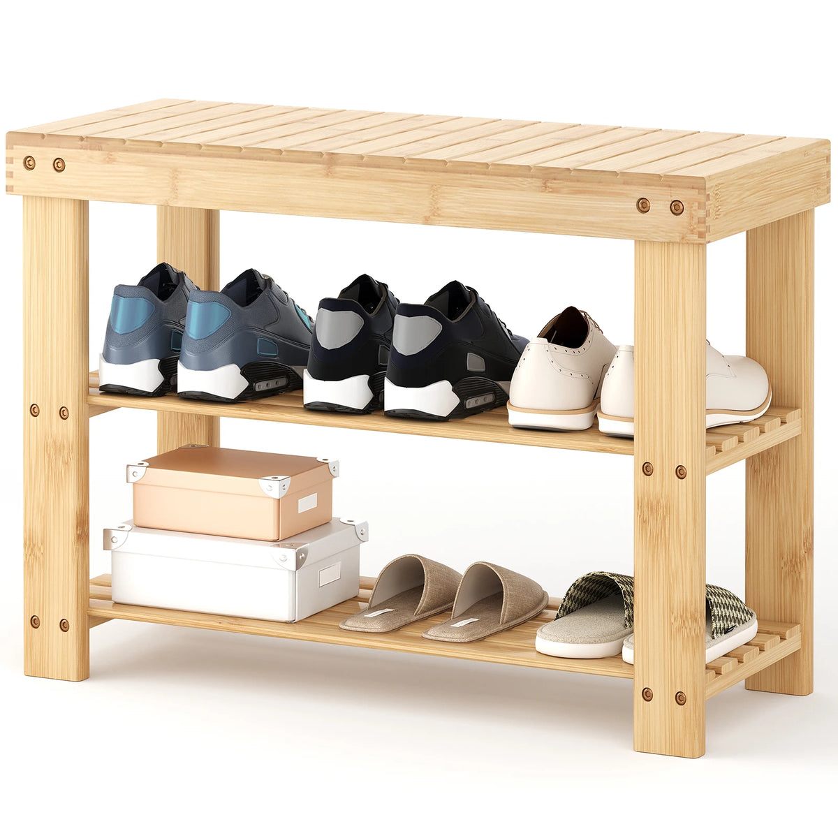 MCQ Three Tier Bamboo Shoe Cabinet With Entryway Storage Bench