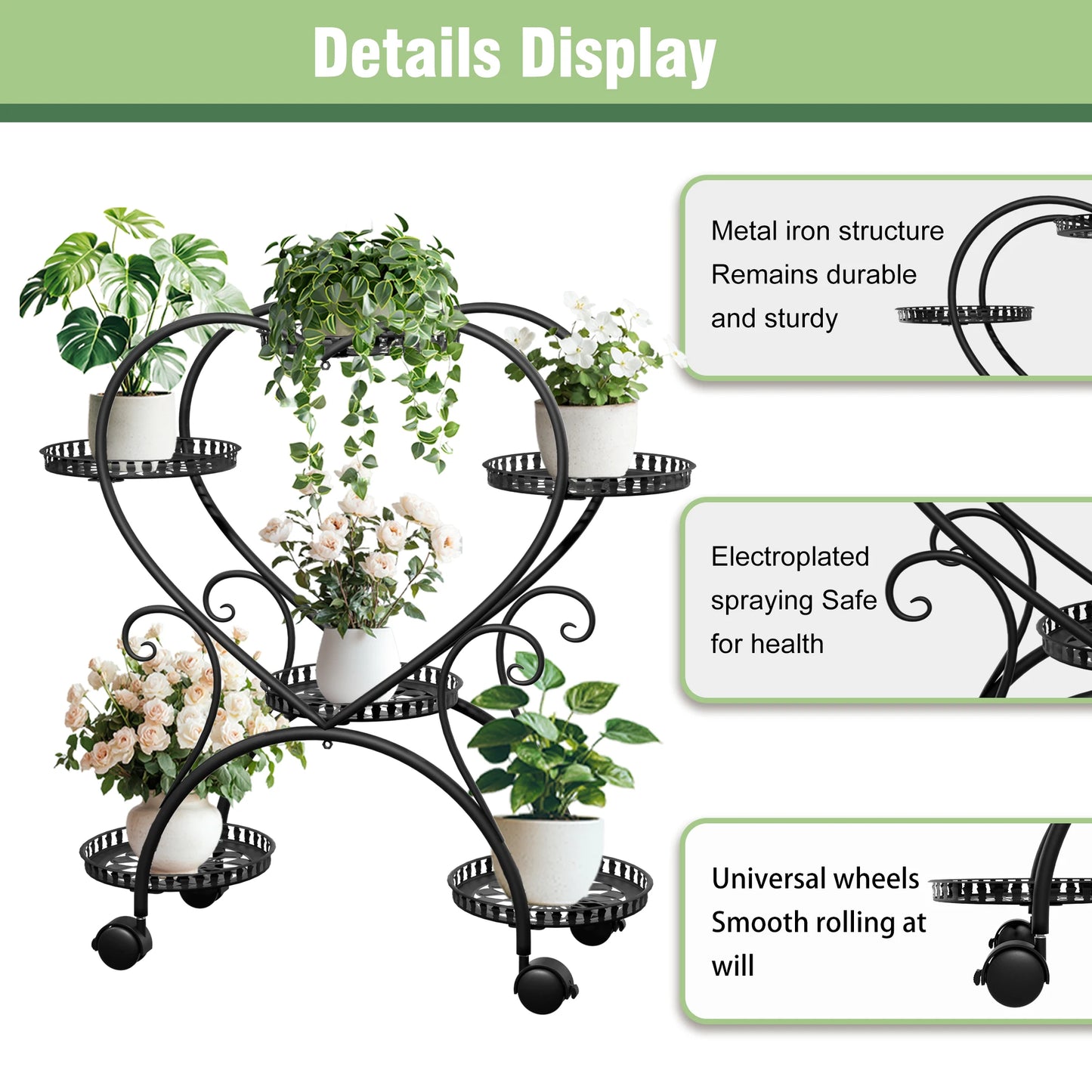 Wisfor 6 Tier Heart Shape Rolling Metal Plant Stand Rack