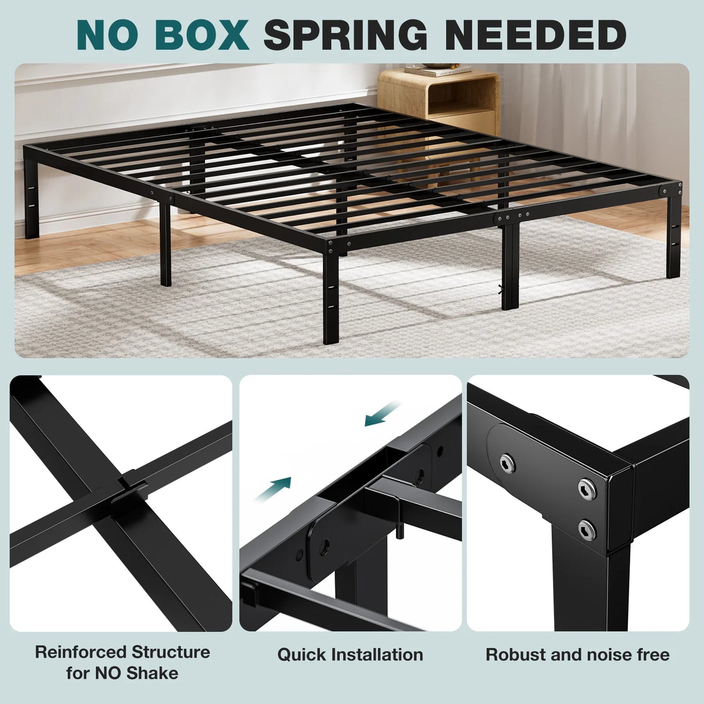 JHK Sturdy Metal Platform Bed Frame With Steel Slat Support
