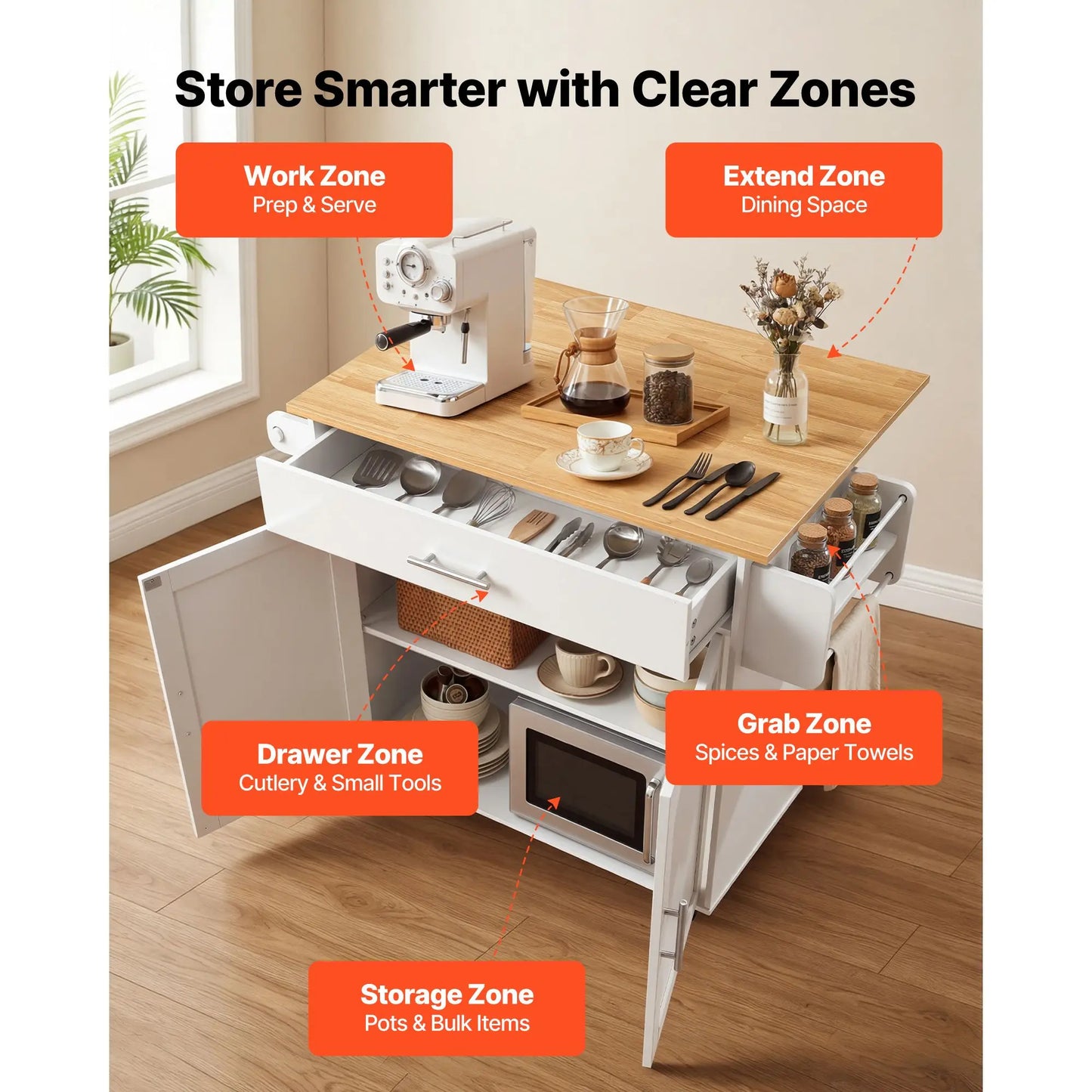 Wooden Rolling Kitchen Island Cart With Drawers And Spice Rack