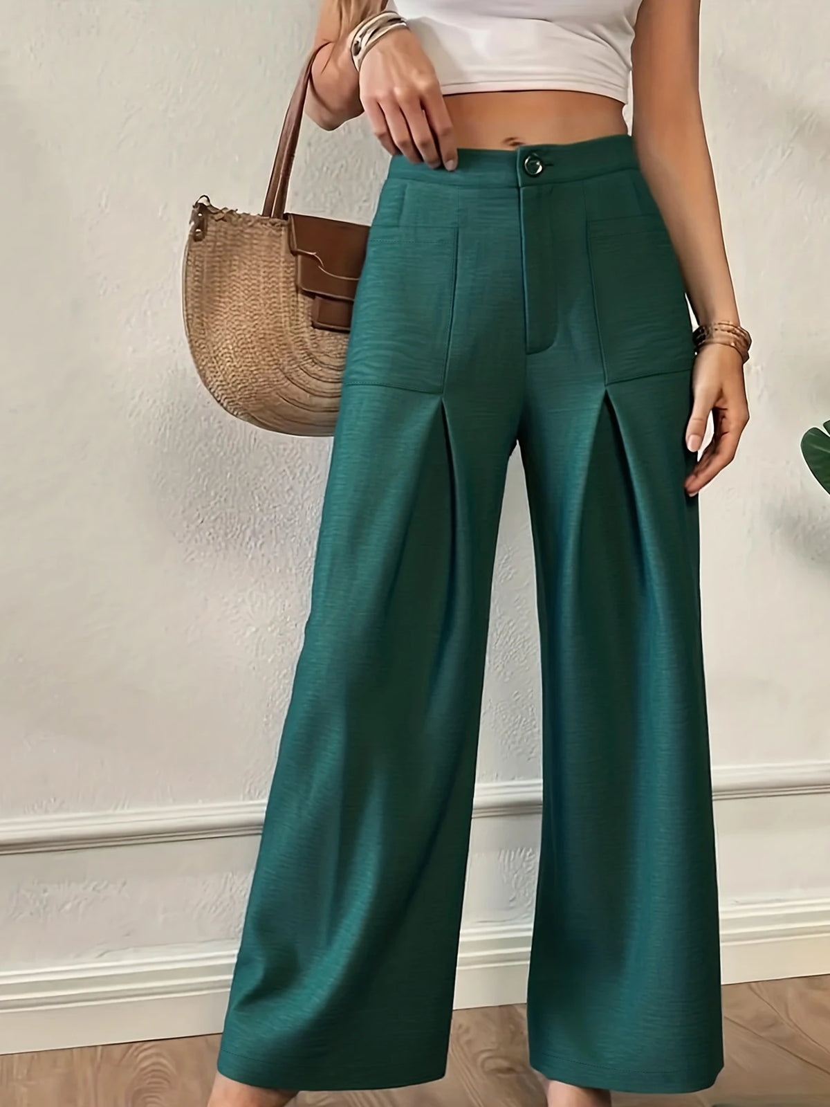 Women High Waist Pleated Wide Leg Pants With Pockets