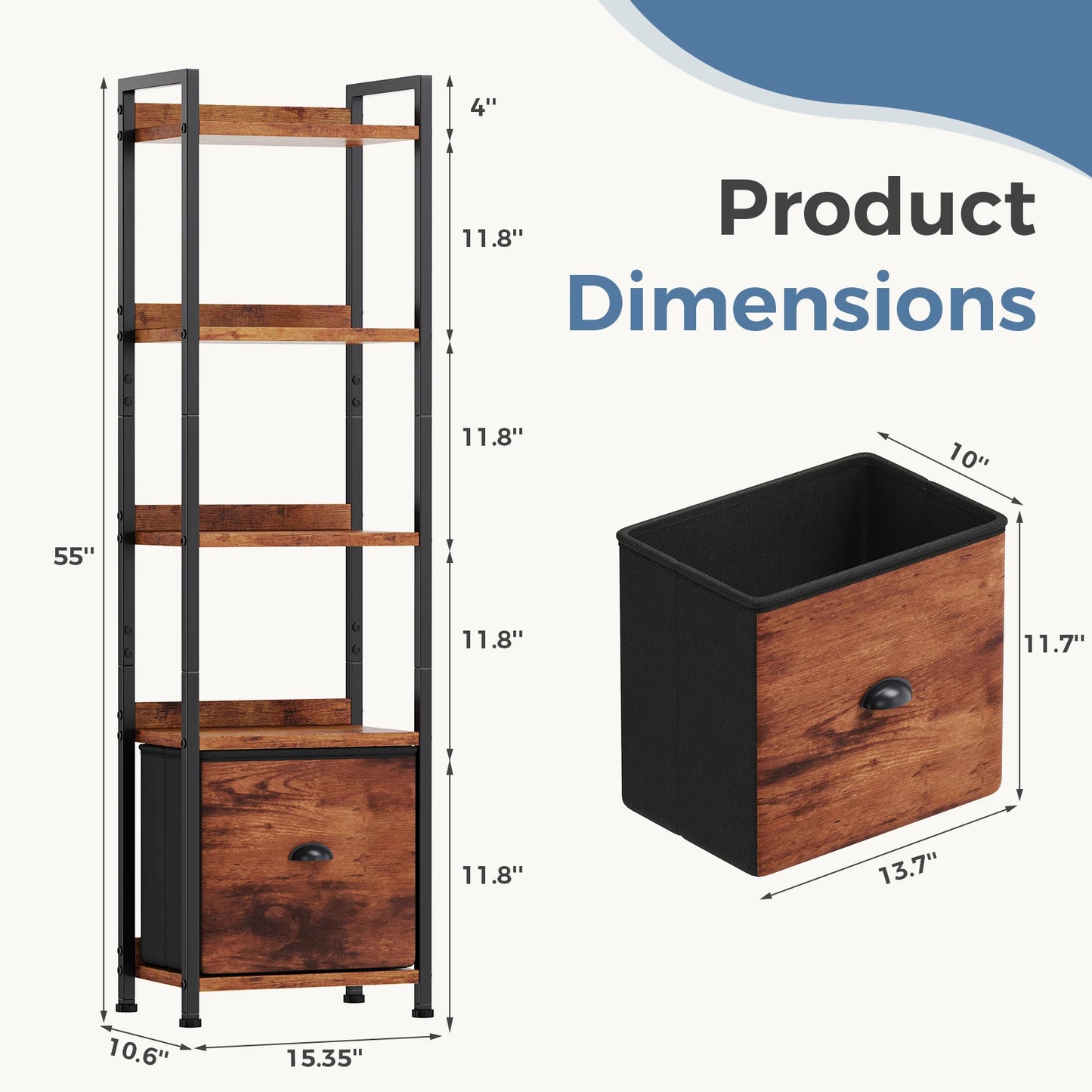 JHK Wood 5 Tier Bookshelf With Fabric Drawer Organizer
