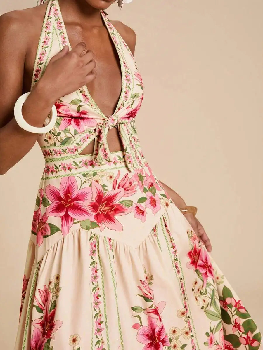 Elegant Floral Print Halter Backless Vacation Dress For Women