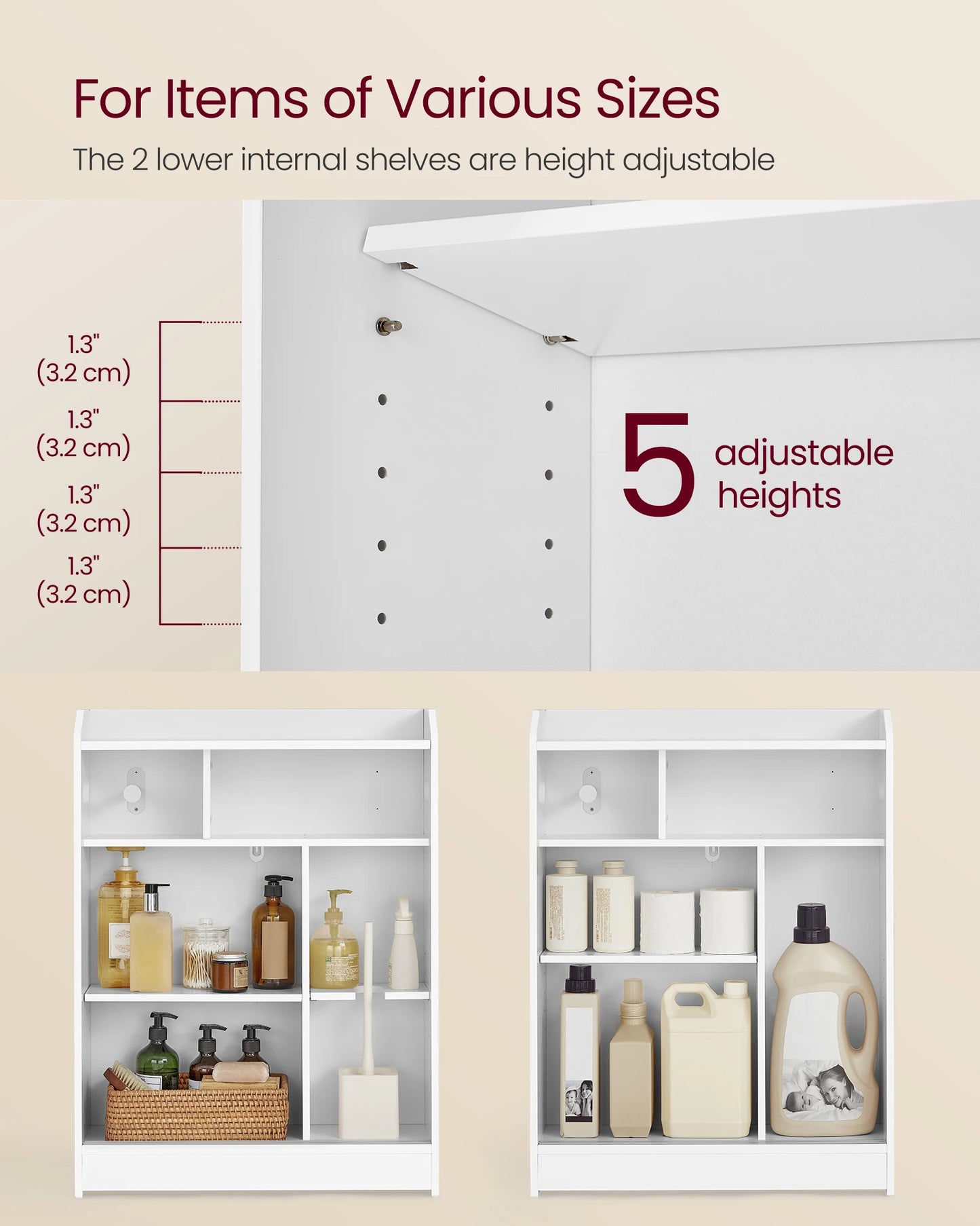 VASAGLE Narrow Storage Cabinet With Sliding Doors Toilet Paper Holder