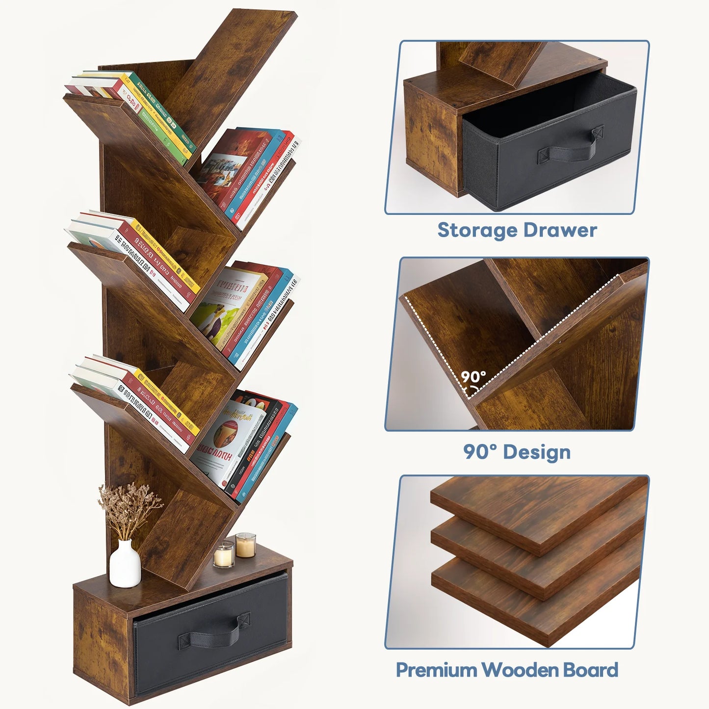 JHK 7-Tier Geometric Wooden Book Rack With Drawer Corner Bookshelf