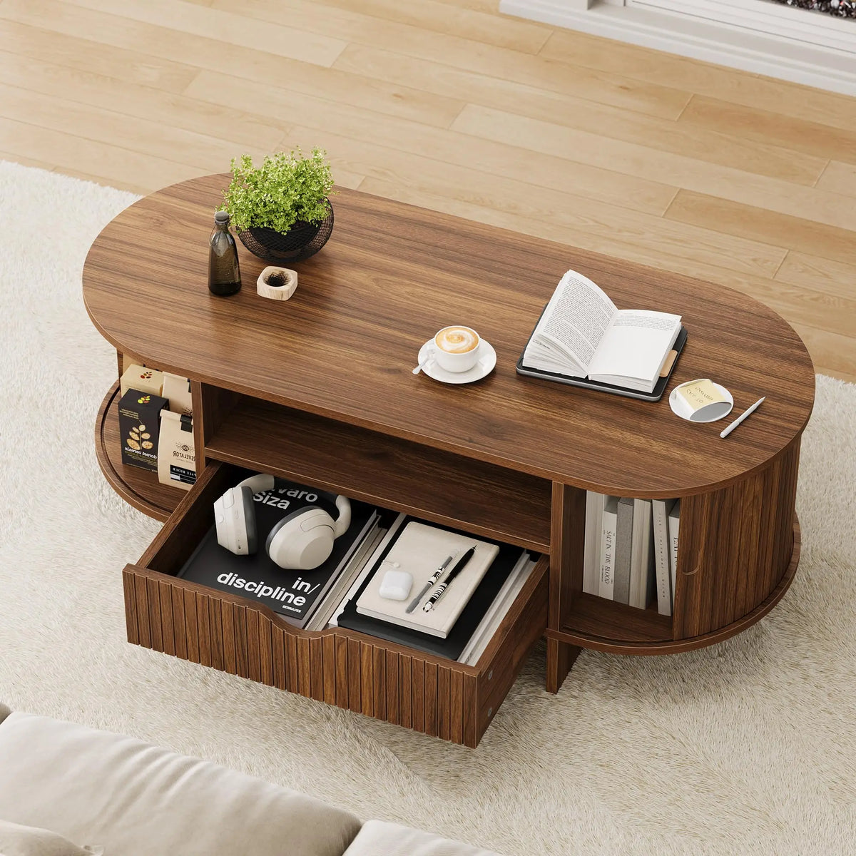 HiMISS Modern Oval Coffee Table With Drawer And Cabinet Storage