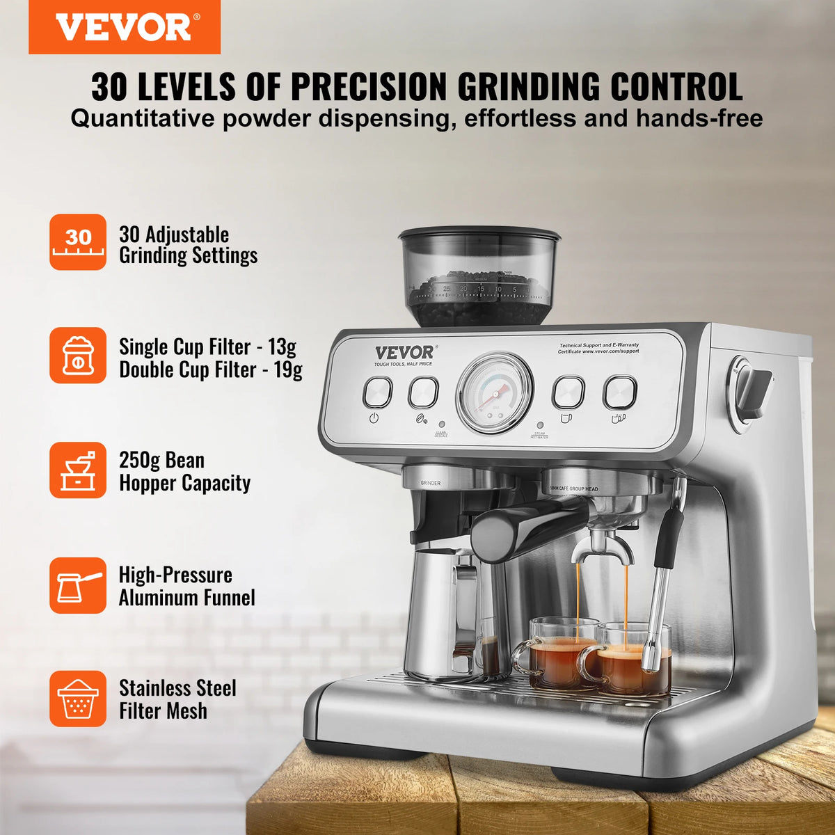 Vevor 15 Bar Espresso Machine With Grinder And Milk Frother