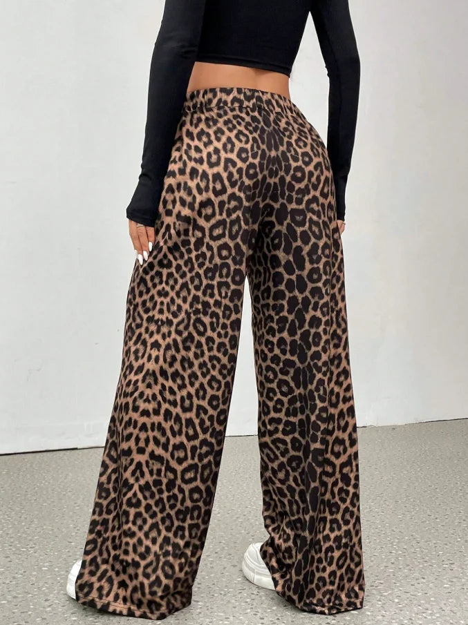 Women Leopard Print Wide Leg Pants With Elastic High Waist