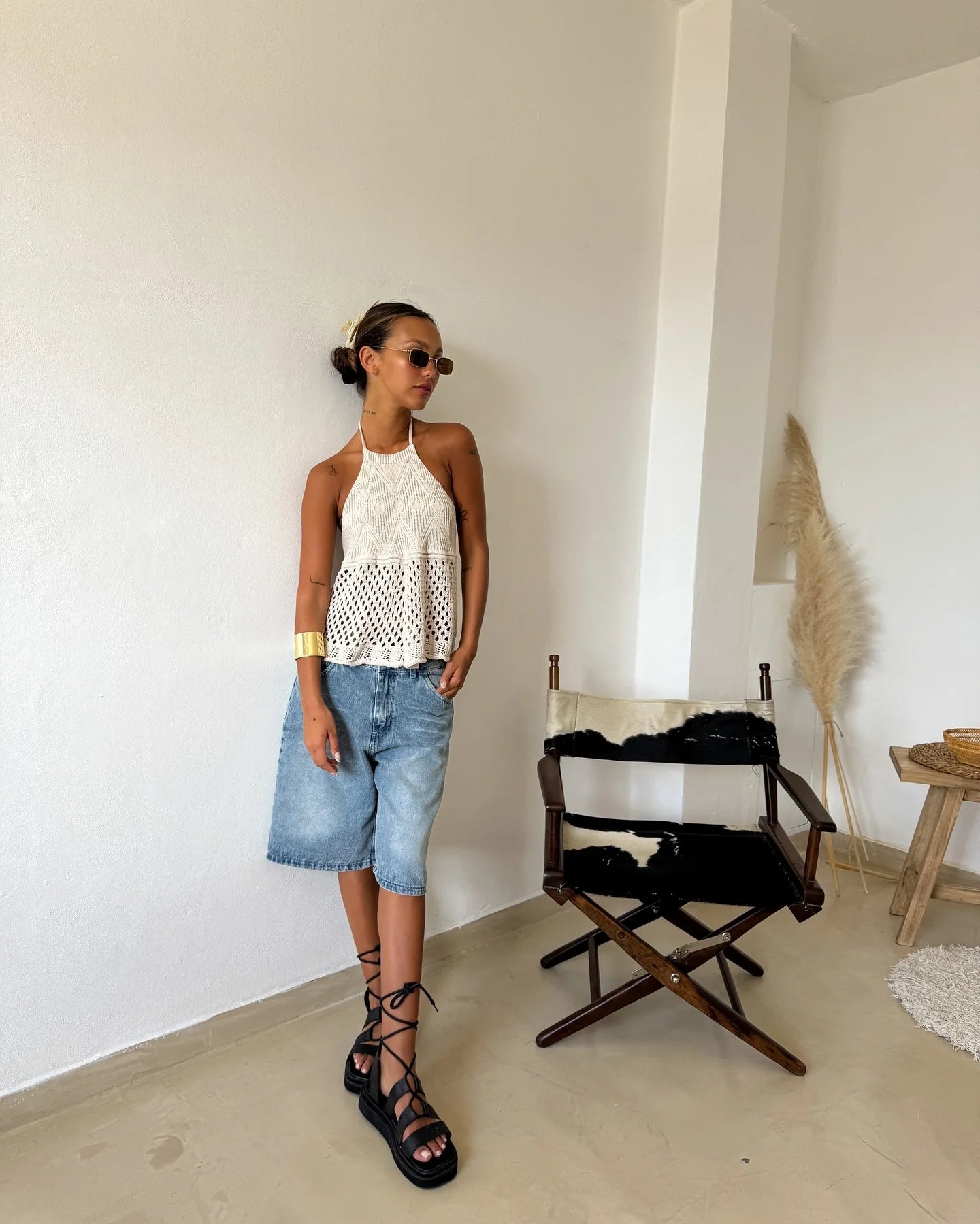 Women Bohemian Knitted Halter Top With Crochet Mesh Texture