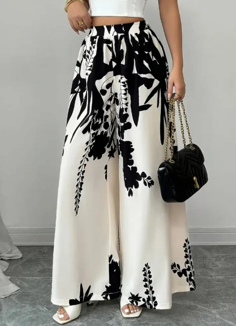 Floral Print Elastic High Waist Wide Leg Satin Palazzo Pants