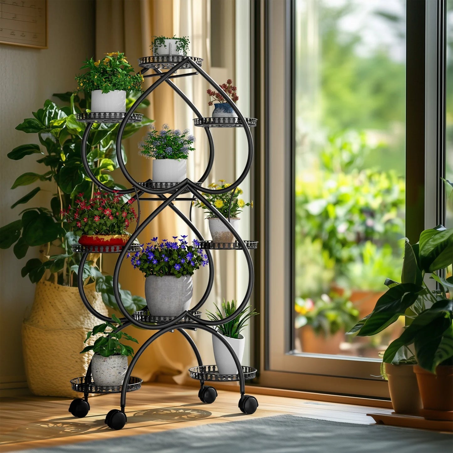 Nine Tier Metal Plant Stand With Wheels For Patio And Garden