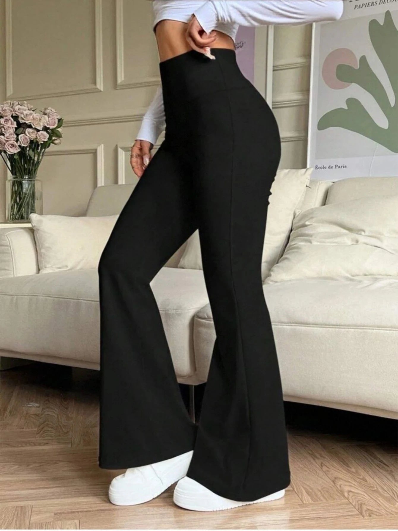 Women's High Waisted Flared Knit Pants With Stretchy Fit