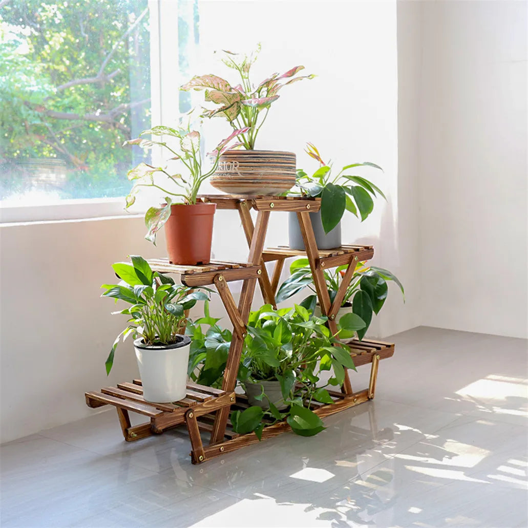 Six Tier Wooden Corner Plant Stand Indoor Outdoor Display Rack