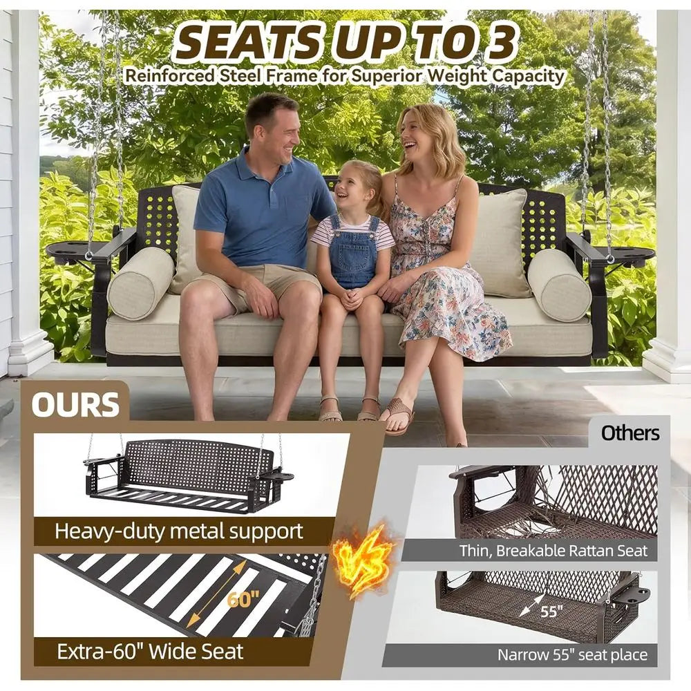 Three Seat Hanging Porch Swing With Cup Holders And Cushions