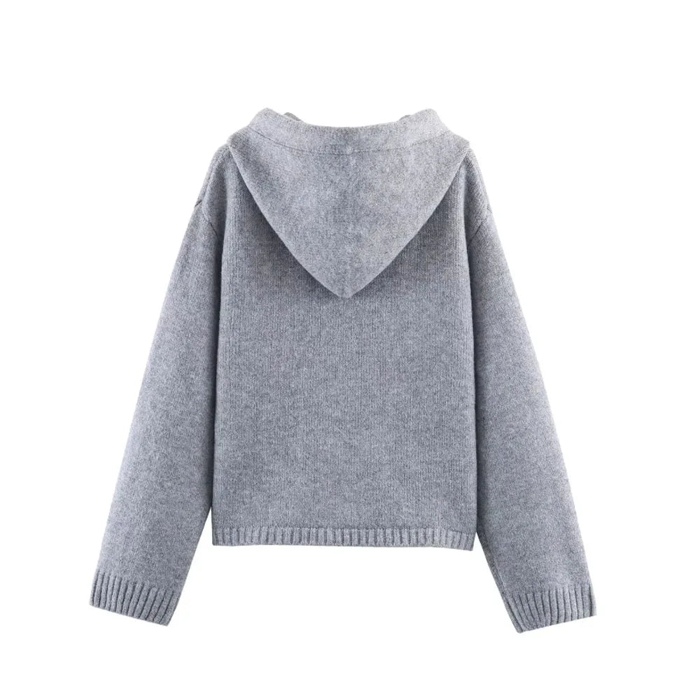 Loose Women's Denim Cotton Hoodie With Zippers And Embroidery