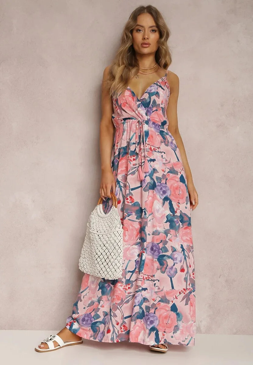 Women Watercolor Floral Maxi Dress V Neck Summer Beach Sundress
