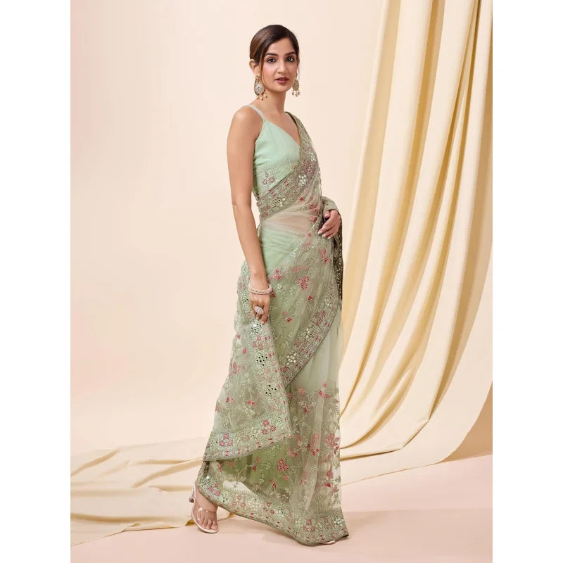 Women's Net Cotton Saree With Sequence Embroidery Work