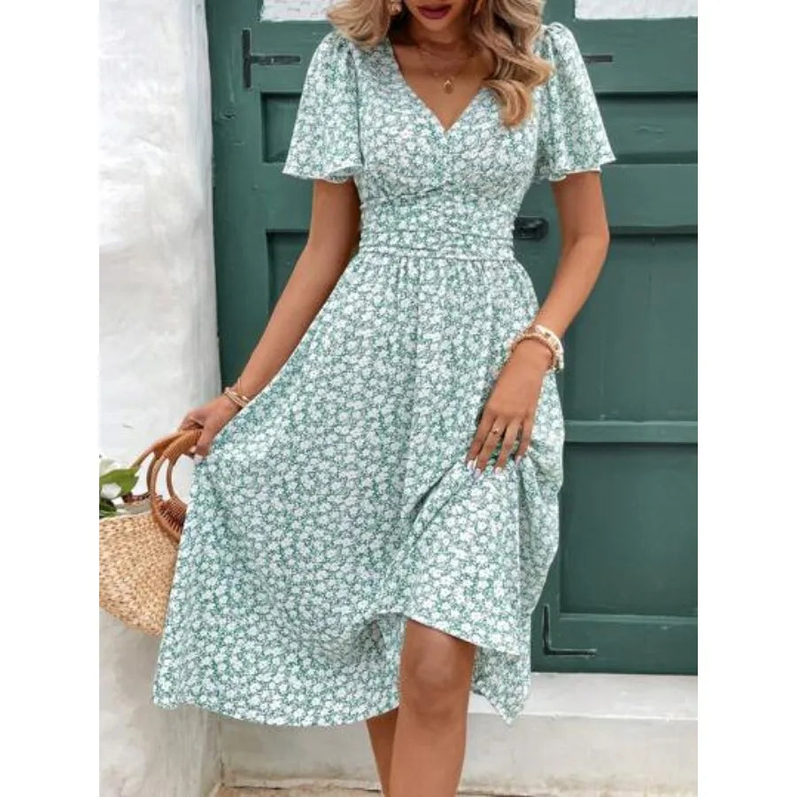 Womens Floral Print V Neck Ruffle Dress Short Sleeve