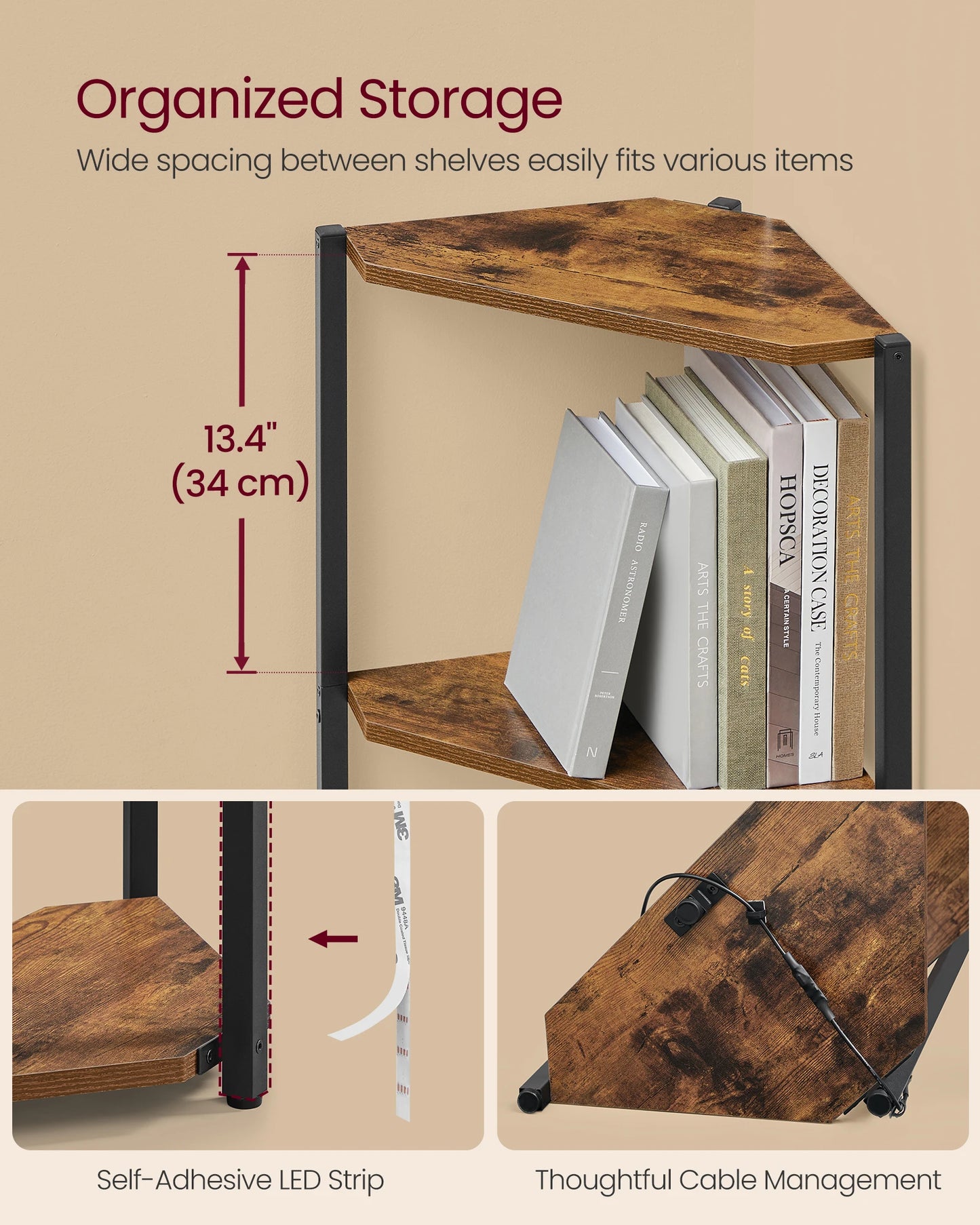 VASAGLE 5-Tier Corner Shelf With LED Lights And Steel Frame