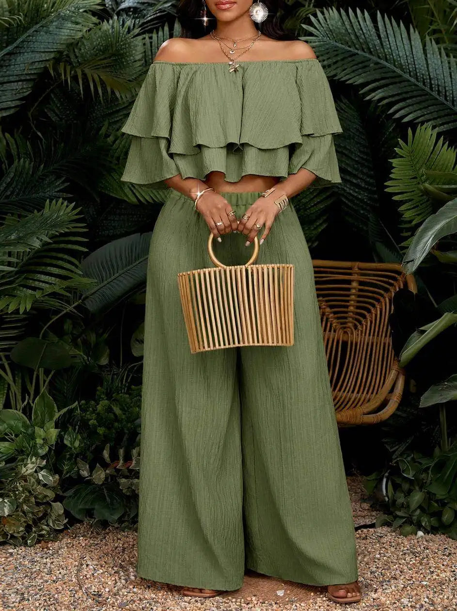 Women Off Shoulder Ruffle Crop Top Wide Leg Pants Set