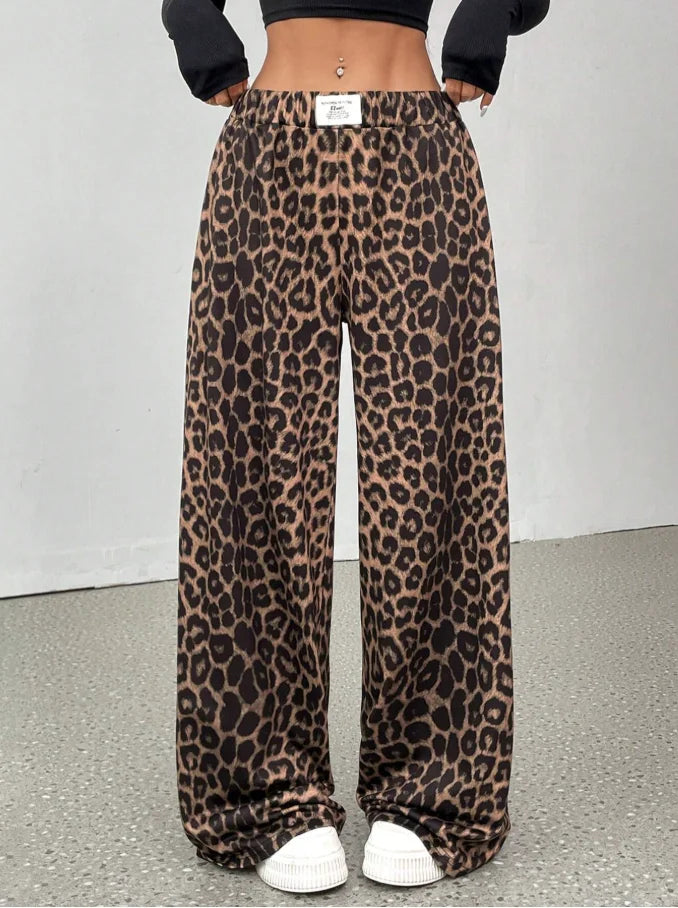 Women Leopard Print Wide Leg Pants With Elastic High Waist