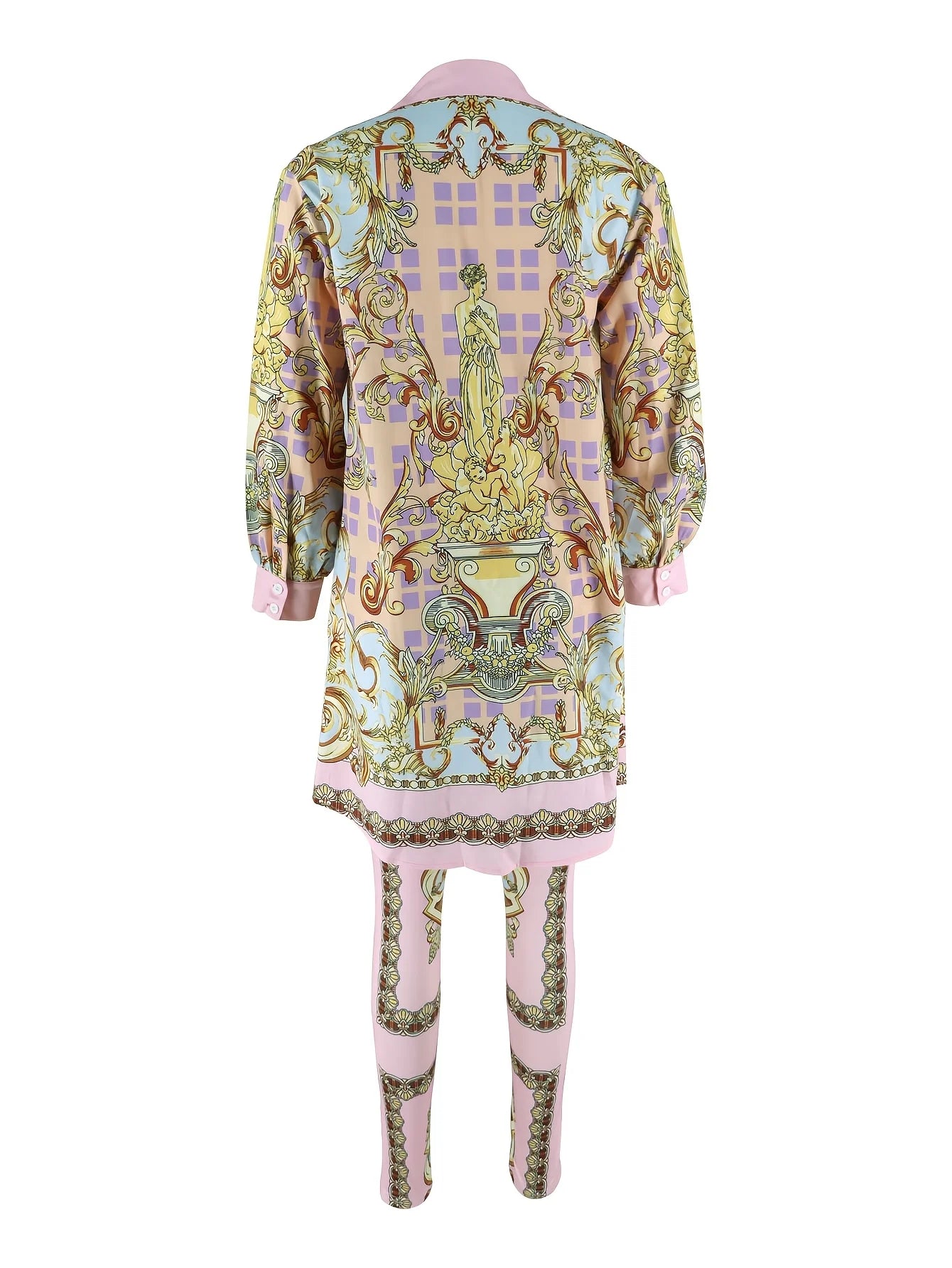 Women Two Piece Jersey Set Ornate Print Long Sleeve Top Pants