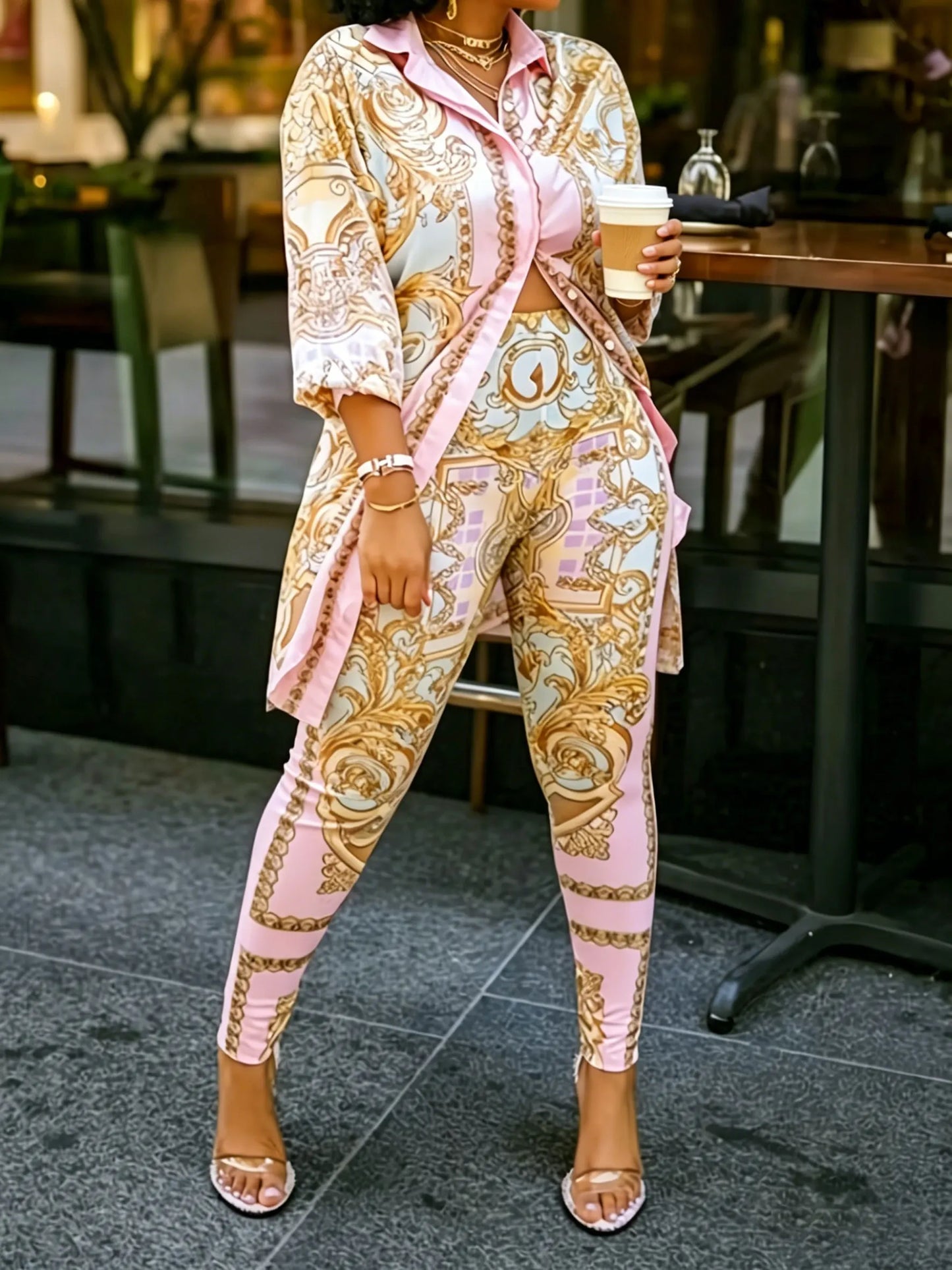 Women Two Piece Jersey Set Ornate Print Long Sleeve Top Pants