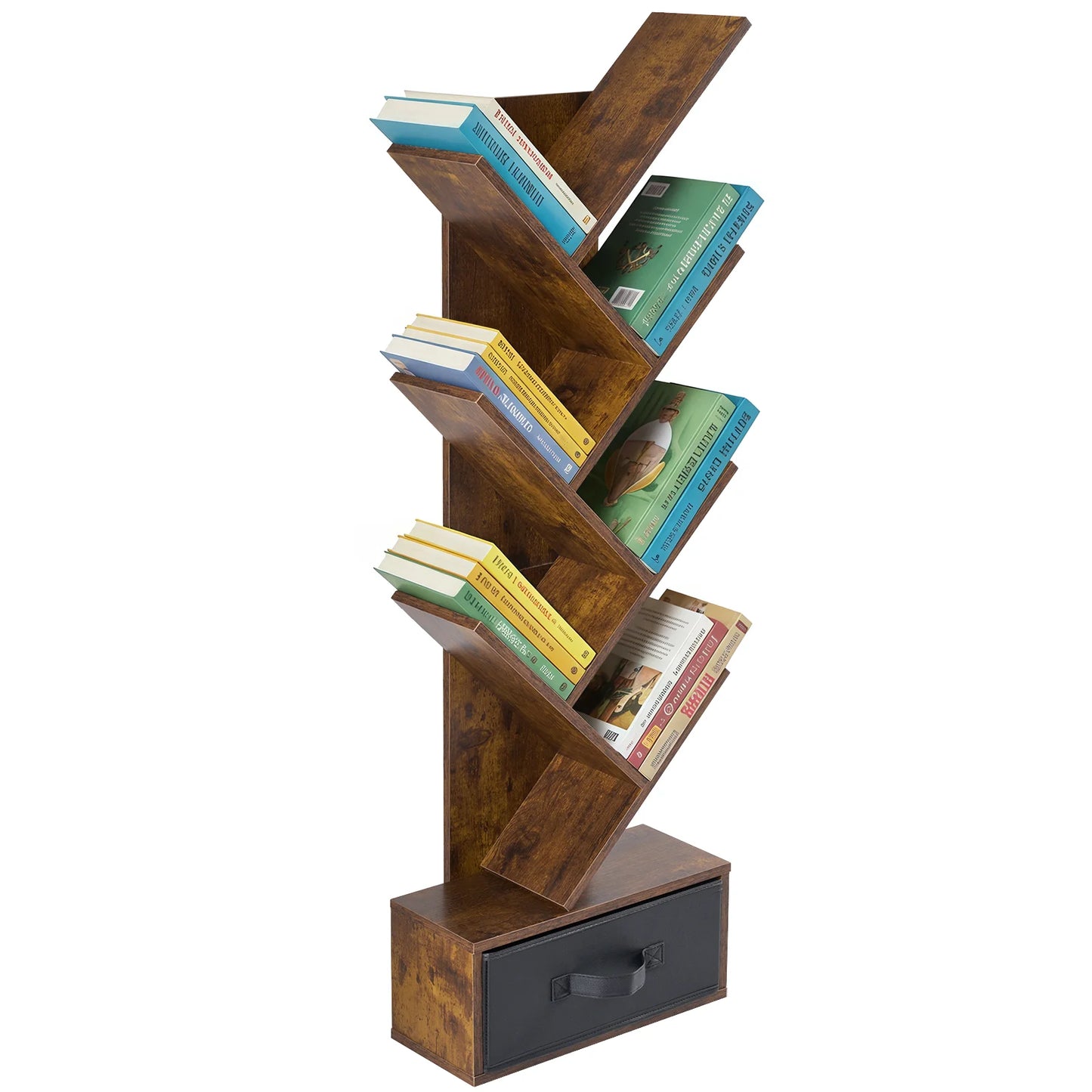 JHK 7-Tier Geometric Wooden Book Rack With Drawer Corner Bookshelf