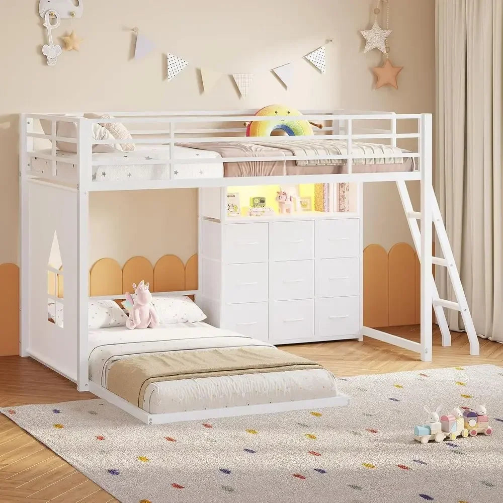 Twin Over Twin L-Shaped Bunk Bed With Storage Drawers And LED Play Area