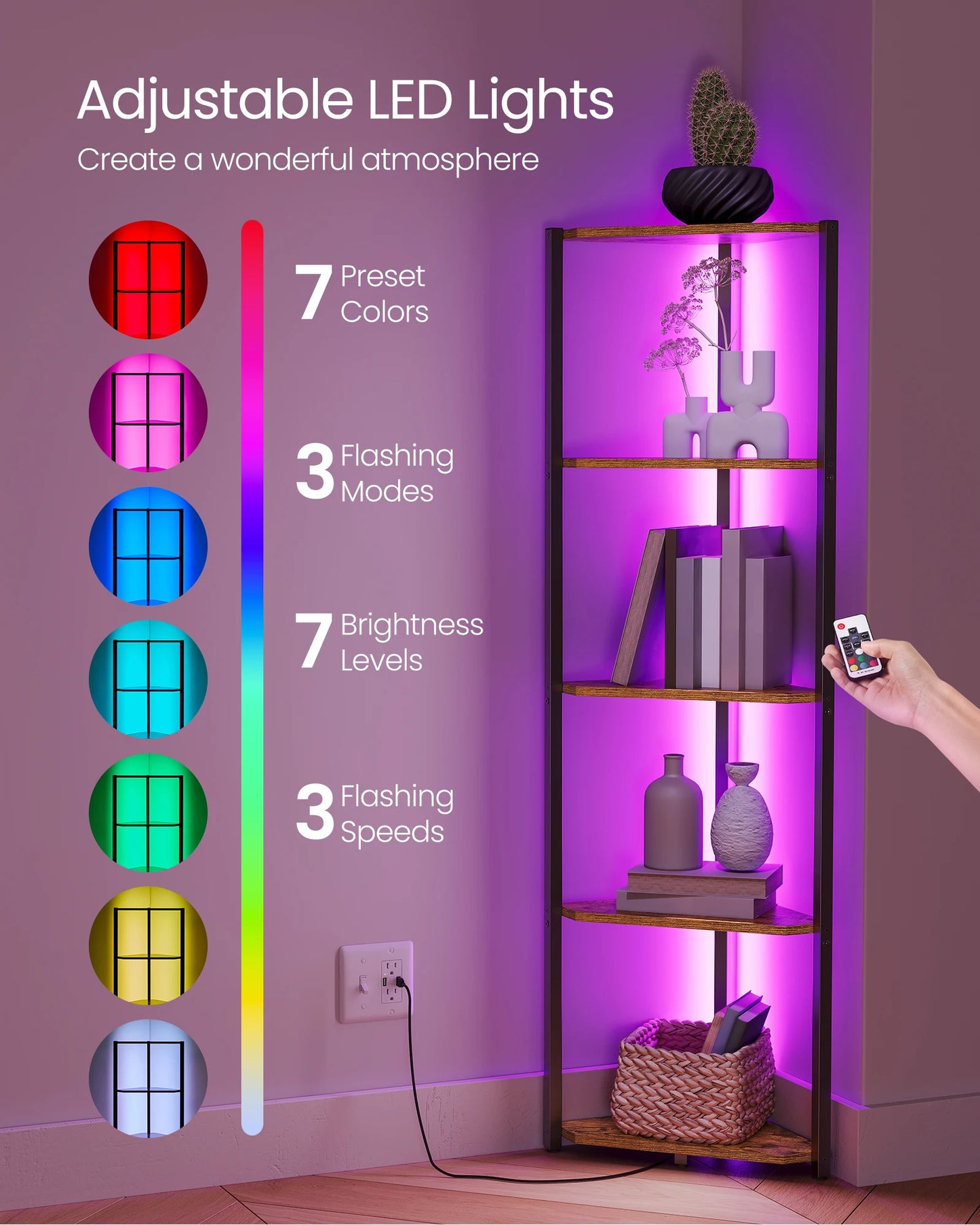 VASAGLE 5-Tier Corner Shelf With LED Lights And Steel Frame