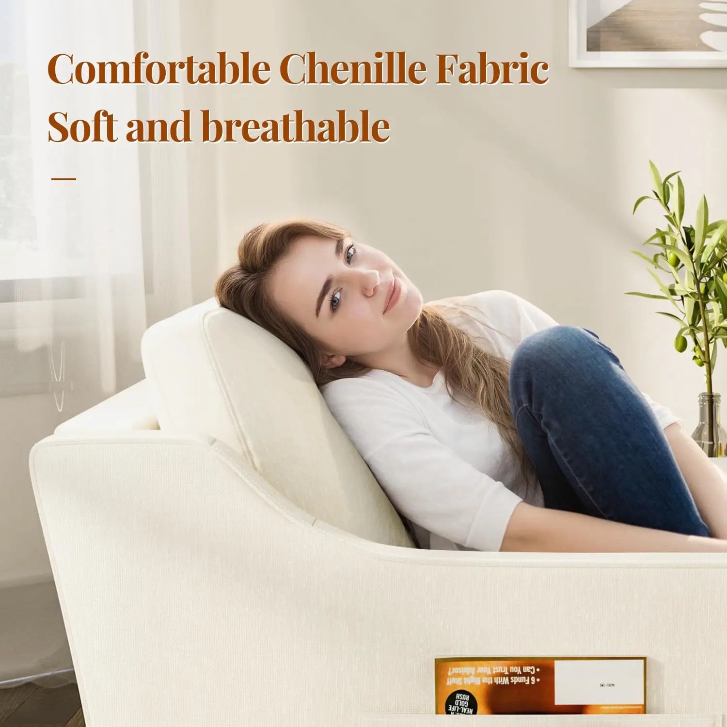 Bright living room; woman on white sofa with an ad for 360 Degree Swivel Accent Chairs Set of 2 upholstered armchairs.