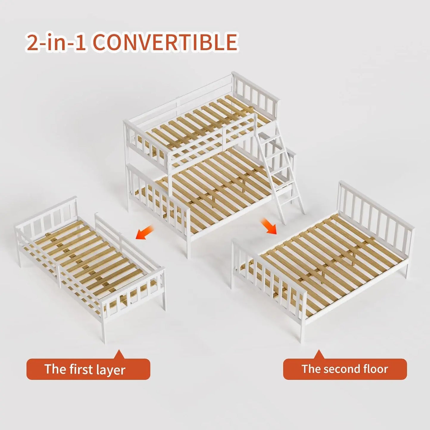 Convertible Twin Over Full Bunk Bed With Ladder And Guard