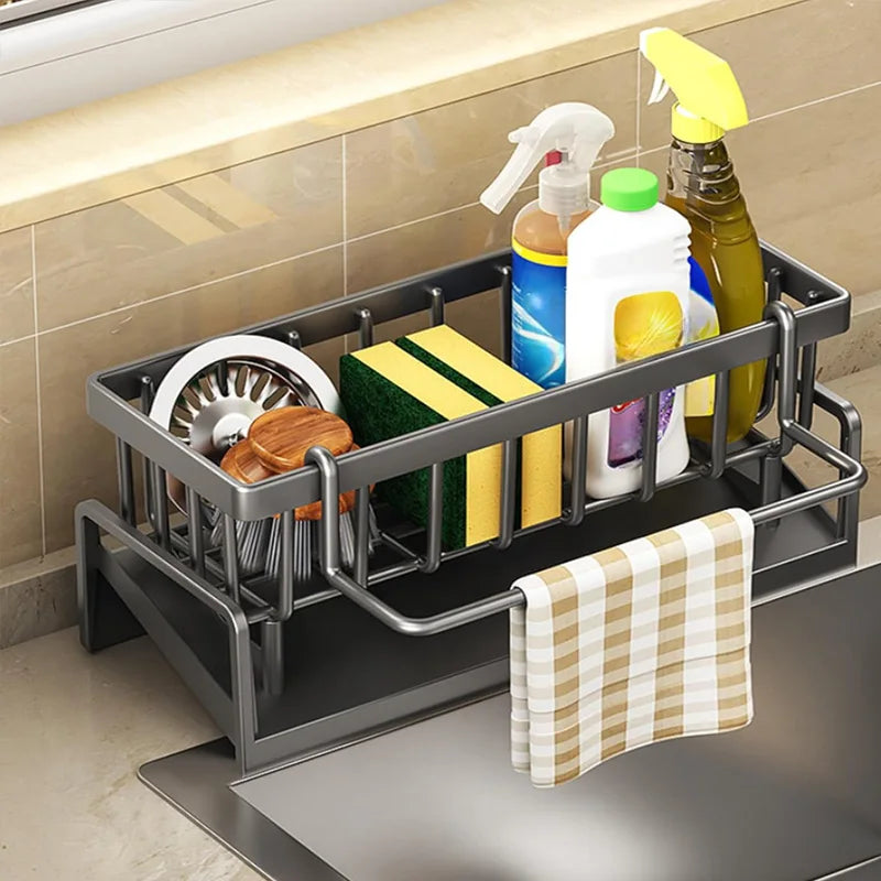 Kitchen Sink Organizer With Tilted Water Tray Storage Rack