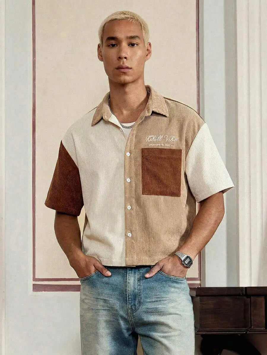 Men Patchwork Corduroy Short Sleeve Shirt Casual Daily Wear