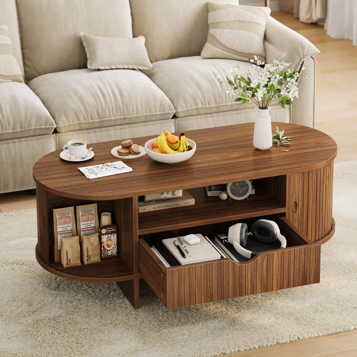 HiMISS Modern Oval Coffee Table With Drawer And Cabinet Storage