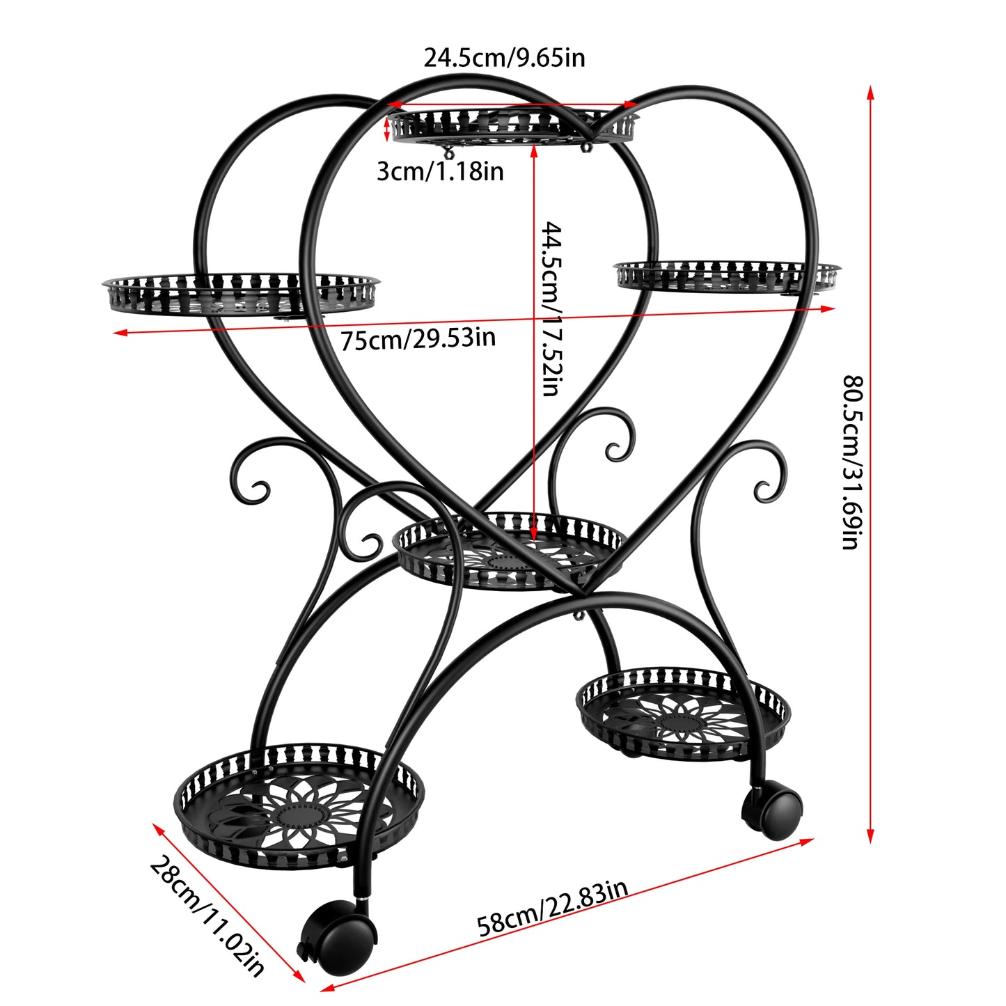 Wisfor 6 Tier Heart Shape Rolling Metal Plant Stand Rack
