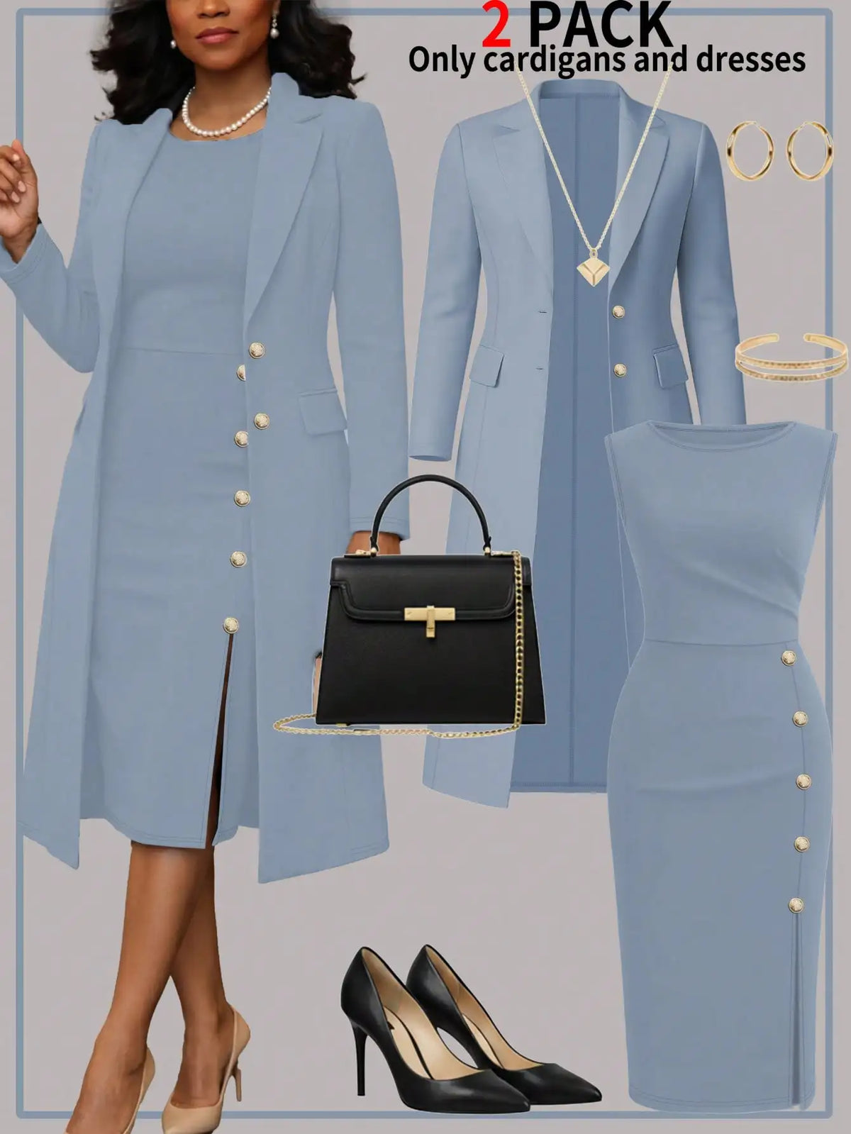 Elegant Women's Knit Blouse And Buttoned Dress Two Piece Set